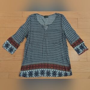 Boutique Boho Geometric Print Tunic – Size Large – Navy, Orange, & White 🌿🧡